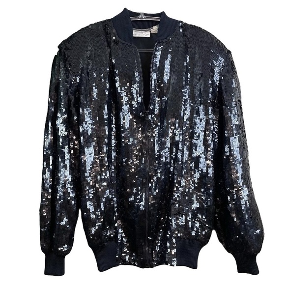 Vtg Laurence Kazar Sequined Natural Silk Zip Bomber Jacket Black Size Small - Picture 1 of 6